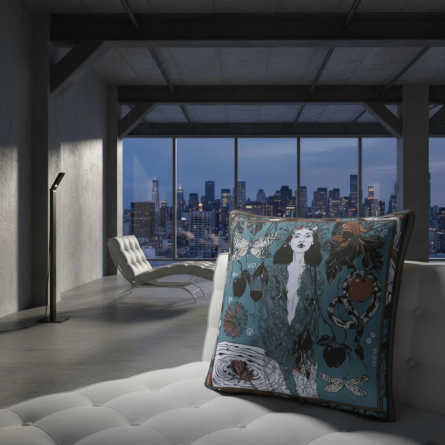 NOE MI art cushion Dark Temptation Night with bold symbolic elements and moody colors, designed as a collector decorative pillow for sophisticated interiors and design lovers.