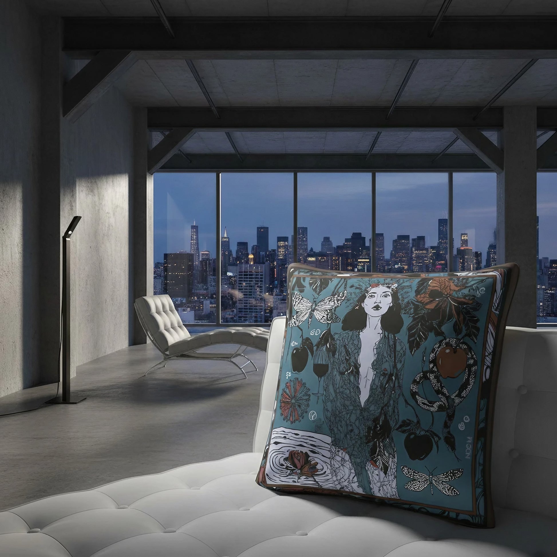 NOE MI art cushion Dark Temptation Night with bold symbolic elements and moody colors, designed as a collector decorative pillow for sophisticated interiors and design lovers.
