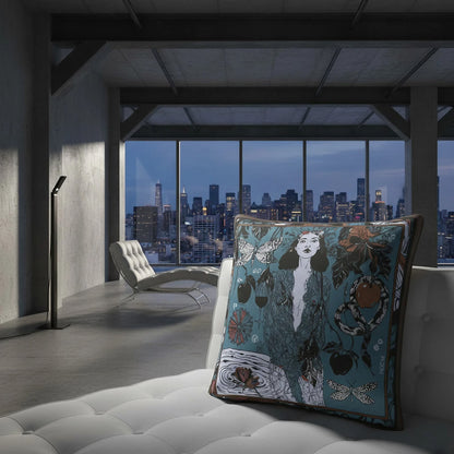 NOE MI art cushion Dark Temptation Night with bold symbolic elements and moody colors, designed as a collector decorative pillow for sophisticated interiors and design lovers.