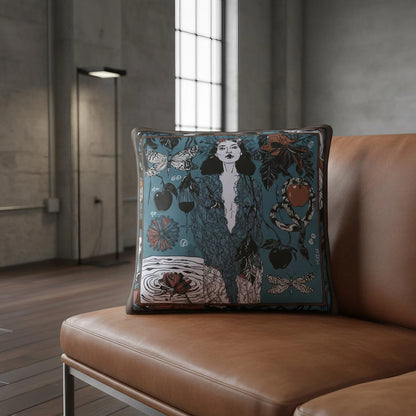 NOE MI decorative square cushion Dark Temptation Night with a feminine figure in layered symbolic artwork, combining deep tones and artistic storytelling for luxury interior styling.
