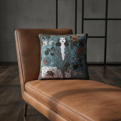 NOE MI luxury cushion Dark Temptation Night with dark botanical and emotional motifs, styled as a statement square pillow for bedrooms, lounges, and curated artistic environments.