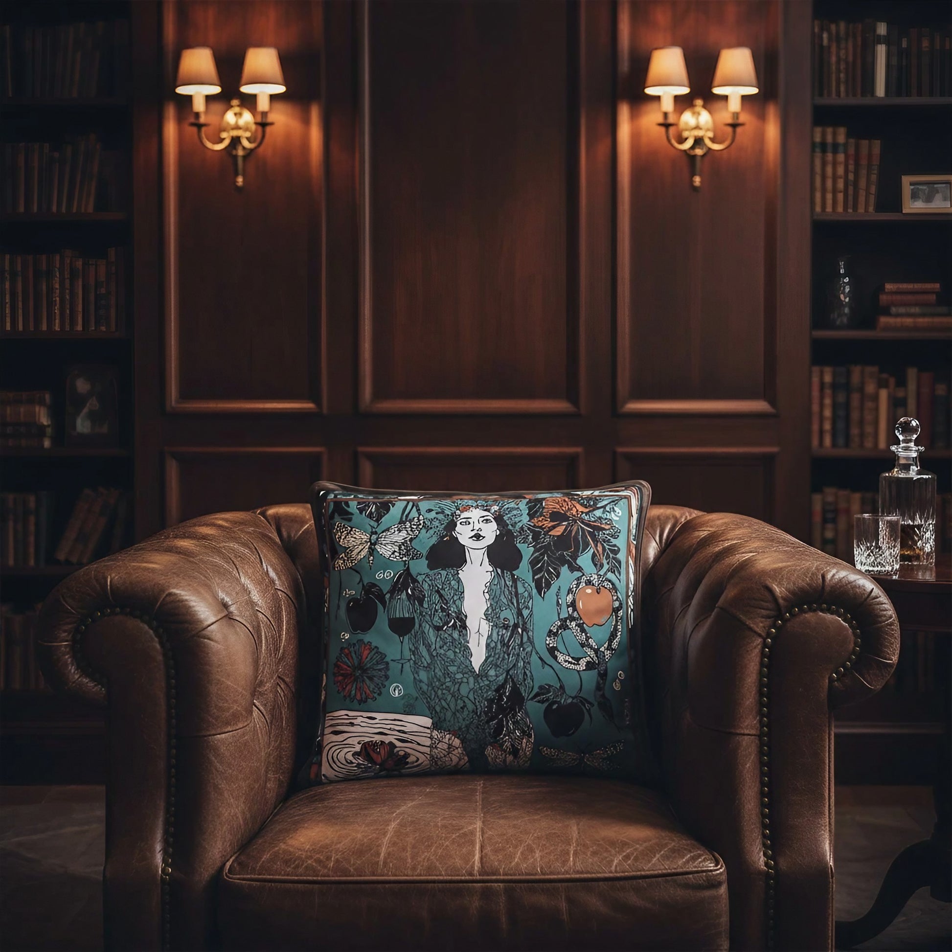 NOE MI velvet decorative cushion Dark Temptation Night in deep midnight inspired tones, blending fashion art and interior design into a unique luxury home accessory.