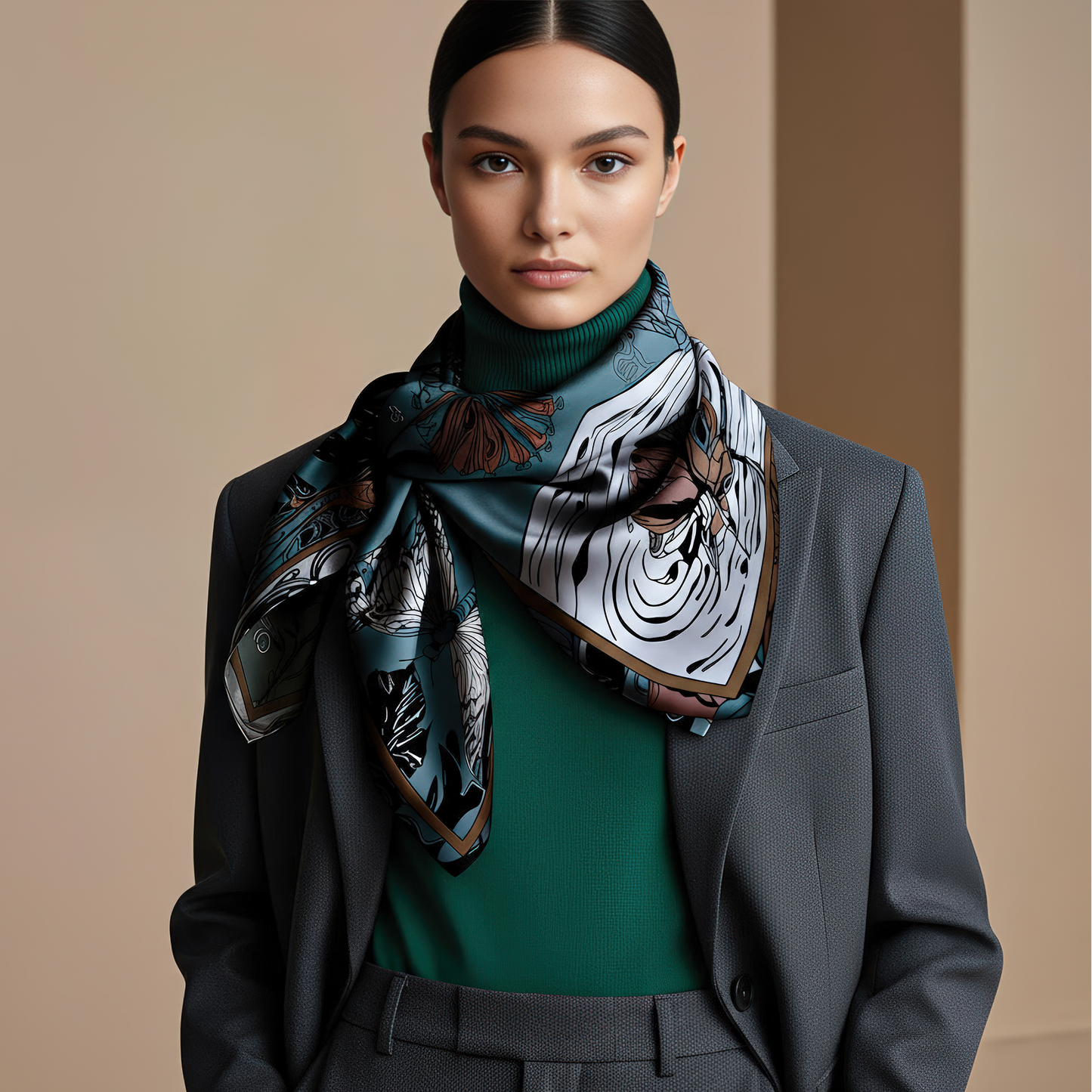 Artistic silk scarf by NOE MI featuring a dark surreal illustration of a woman surrounded by snakes, apples, and dreamlike elements, printed on luxurious 100% silk.