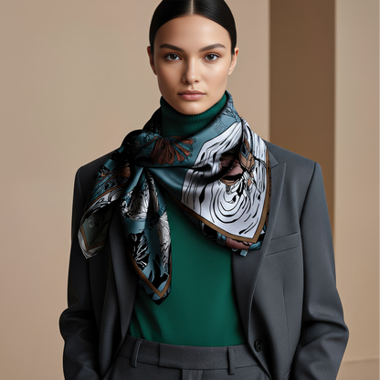 Artistic silk scarf by NOE MI featuring a dark surreal illustration of a woman surrounded by snakes, apples, and dreamlike elements, printed on luxurious 100% silk.