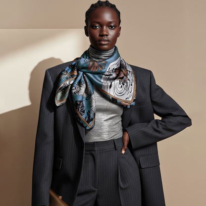 Collector’s scarf for bold women, featuring artwork that blends fantasy, empowerment, and temptation, ideal for styling or framing.