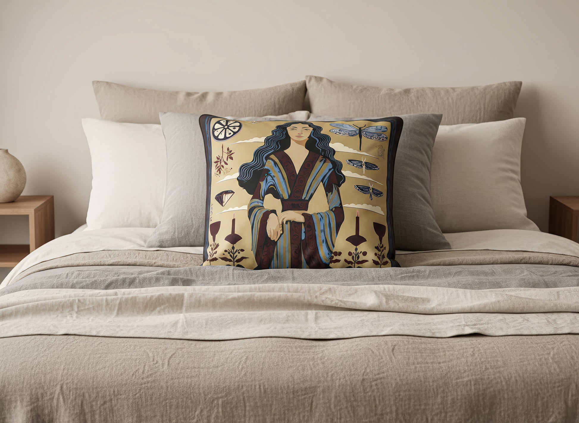 NOE MI Ginger Lace Square Cushion in Bordeaux is a designer cushion available in Velvet or Soft Brushed Twill, showcasing an elegant symbolic composition by Noemi Safir for sophisticated interiors.