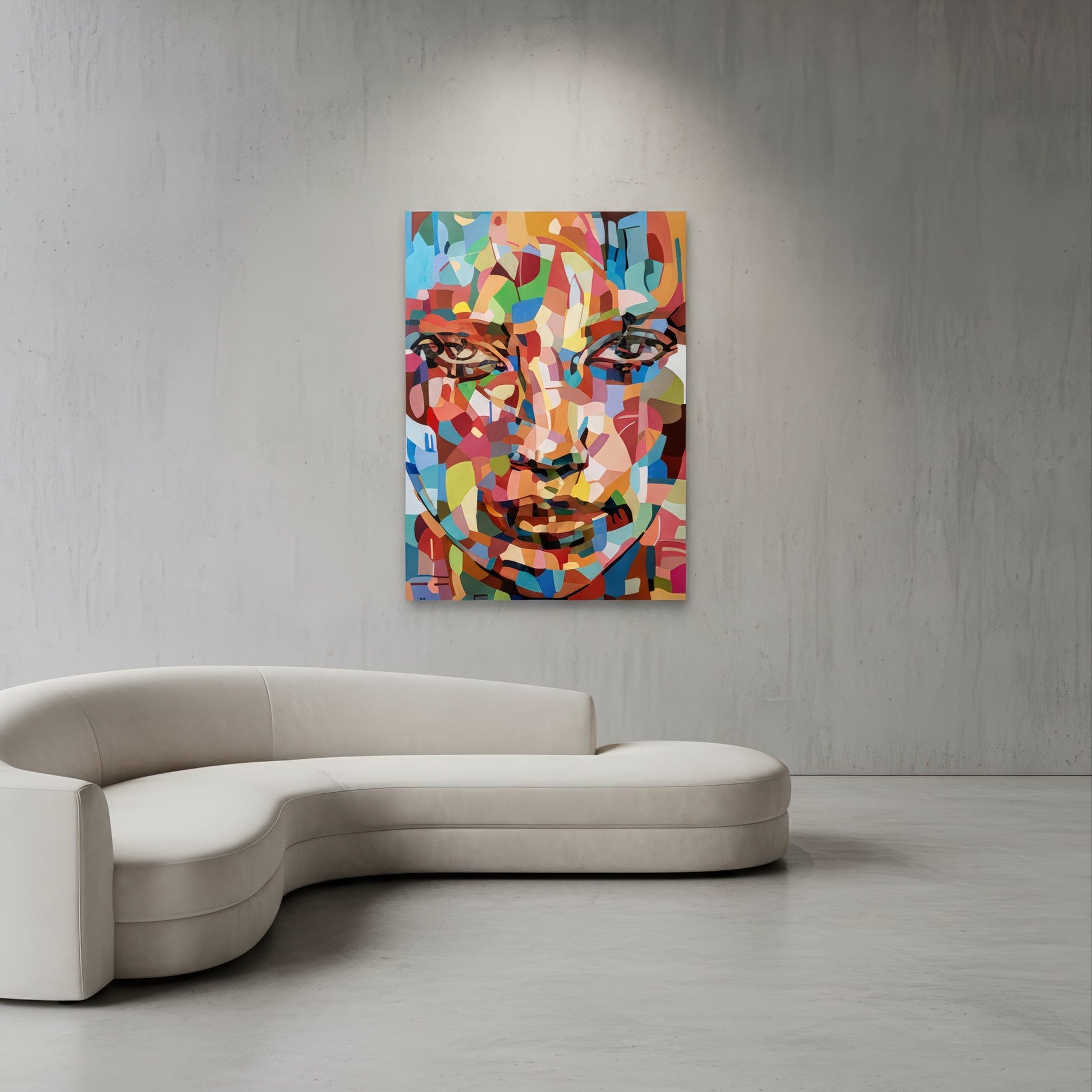 The accepting is a limited edition art print by Noemi Safir depicting a close female portrait with a calm direct gaze, composed of fragmented painterly shapes in bright pink, aqua, red, yellow, blue, and soft green.