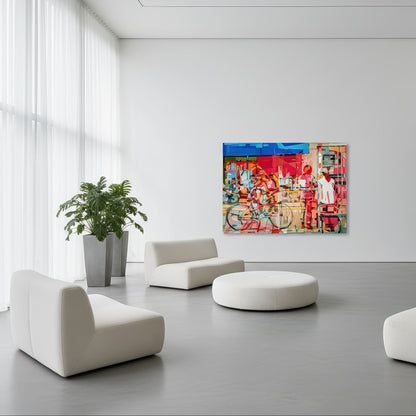 Coffee at Rothschild BV is a limited edition art print by Noemi Safir depicting a bustling city café scene with cyclists, tables, chairs, and figures in conversation, painted in expressive geometric blocks of pink, coral, blue, peach, and cream.
