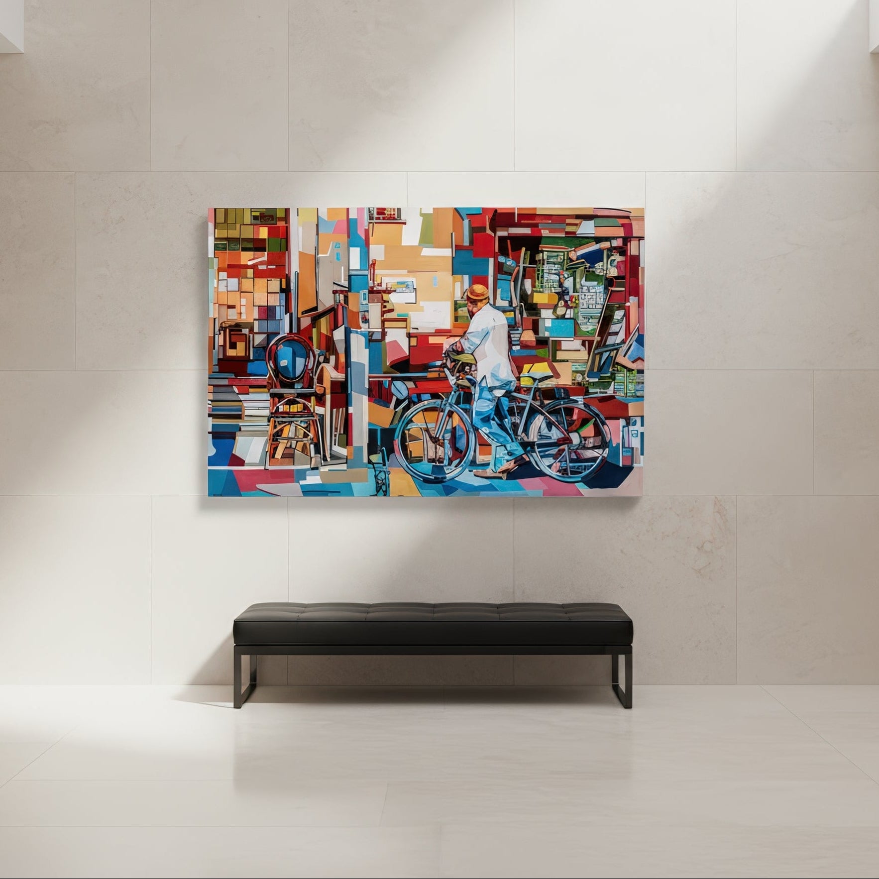Fine art wall print by Noemi Safir featuring a flea market scene with a man, a bicycle, stacked books, chairs, and storefront displays, painted in a bright contemporary palette with layered geometric forms.
