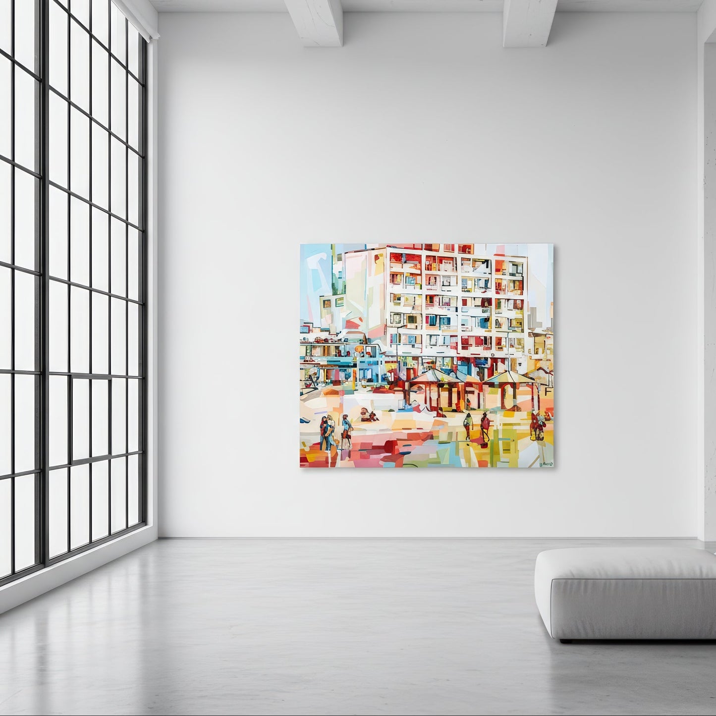 Tel Aviv from the beach by Noemi Safir is a limited edition fine art print featuring a bright coastal cityscape with high rise buildings, beach structures, and small figures walking along the shore in soft tones of white, coral, pink, yellow, blue, and mint.