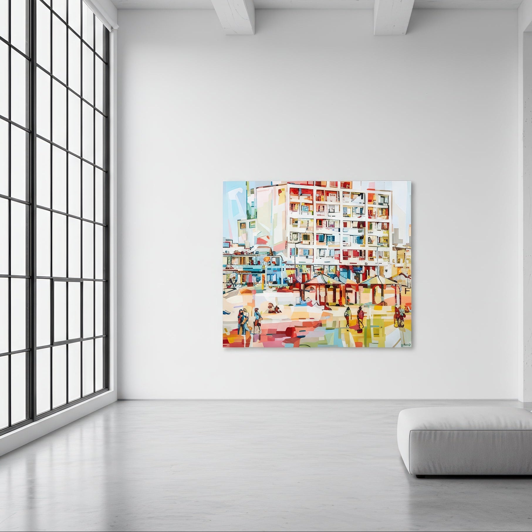 Tel Aviv from the beach by Noemi Safir is a limited edition fine art print featuring a bright coastal cityscape with high rise buildings, beach structures, and small figures walking along the shore in soft tones of white, coral, pink, yellow, blue, and mint.
