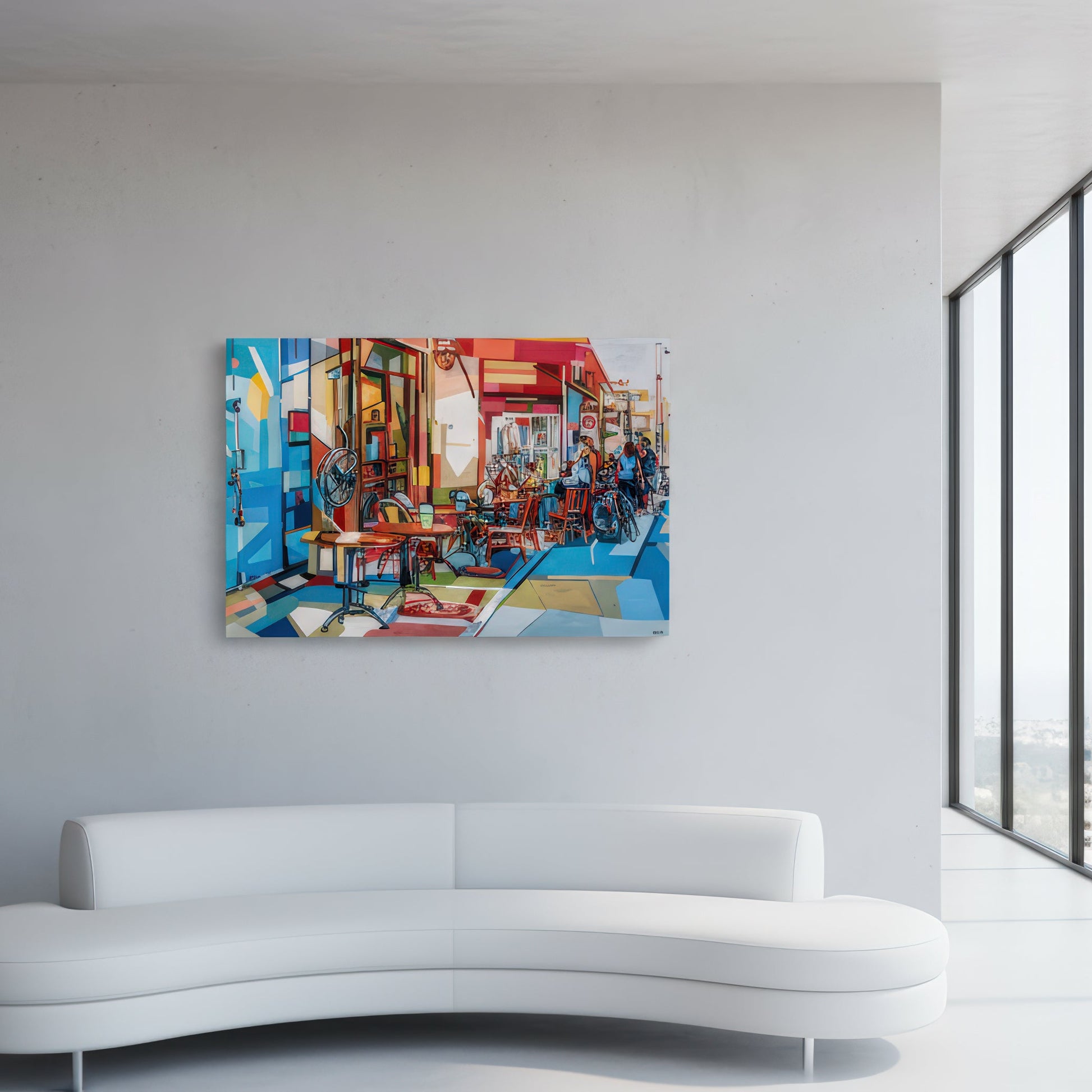 Limited edition fine art print by Noemi Safir presenting a bustling sidewalk view with café furniture, cyclists, and seated figures, rendered in layered painterly shapes of sky blue, coral red, blush pink, mustard, and cream.