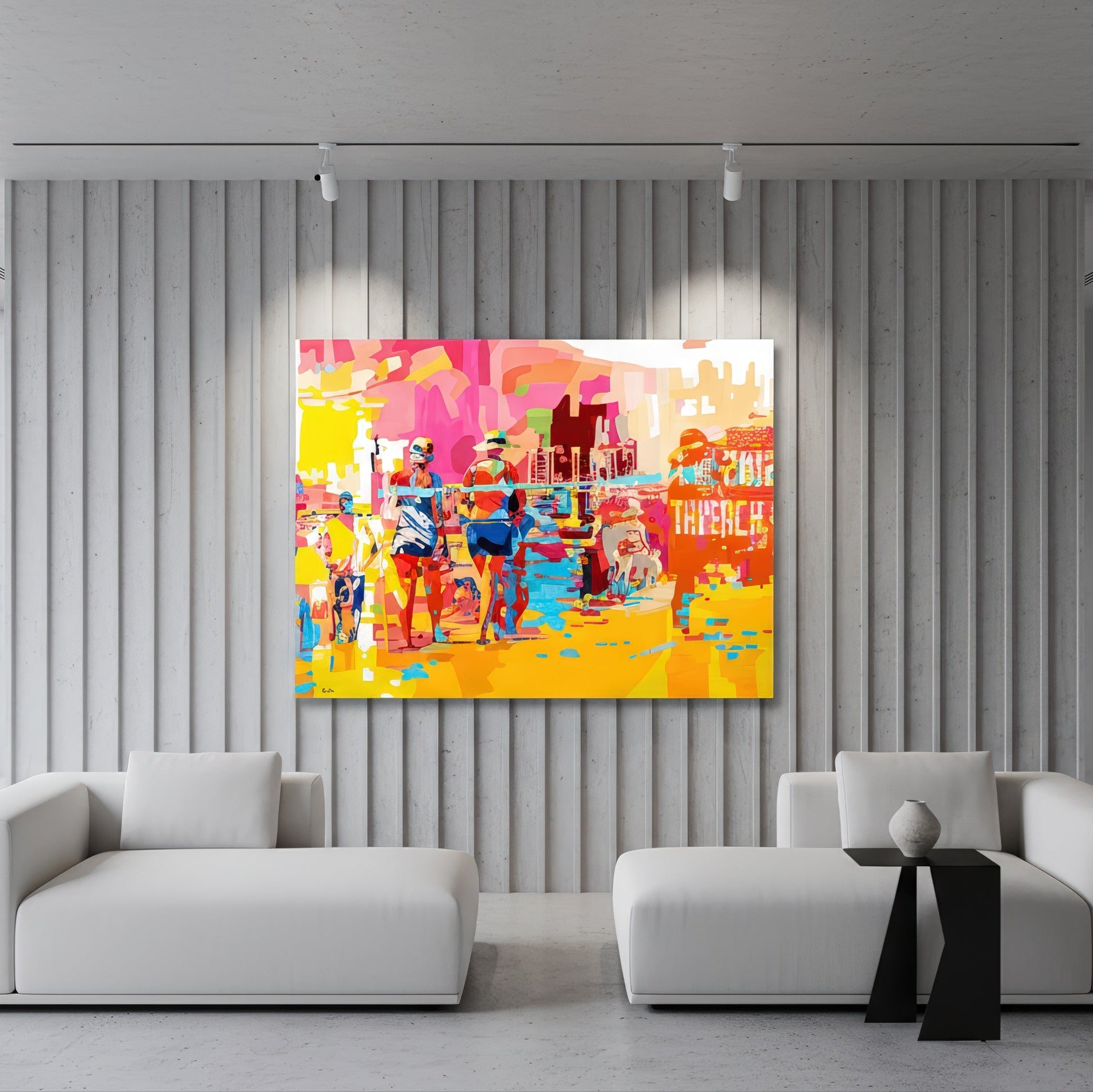 Tel Aviv beach is a limited edition art print by Noemi Safir depicting a lively coastal scene with human figures, reflective water, and distant beach structures rendered in expressive blocks of neon pink, bright yellow, sky blue, and warm orange.