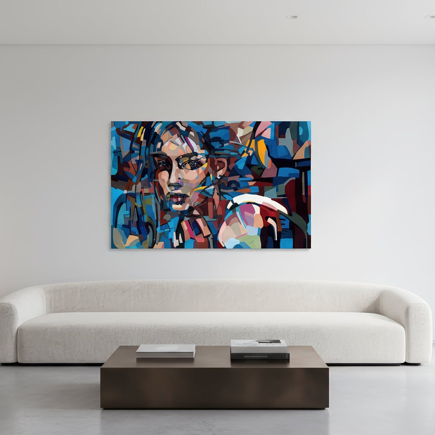 Collectible figurative art print by Noemi Safir featuring a close portrait of a woman with luminous eyes and a softly turned shoulder, surrounded by bold abstract shapes in blue, rose, red, peach, and dark wine tones.