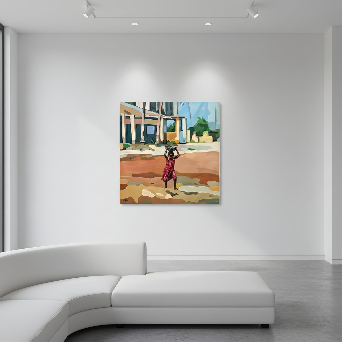 Contemporary figurative wall art by Noemi Safir featuring a child in motion with a vessel on her head, painted against a quiet village backdrop of pale houses, warm earth tones, and gentle natural light.