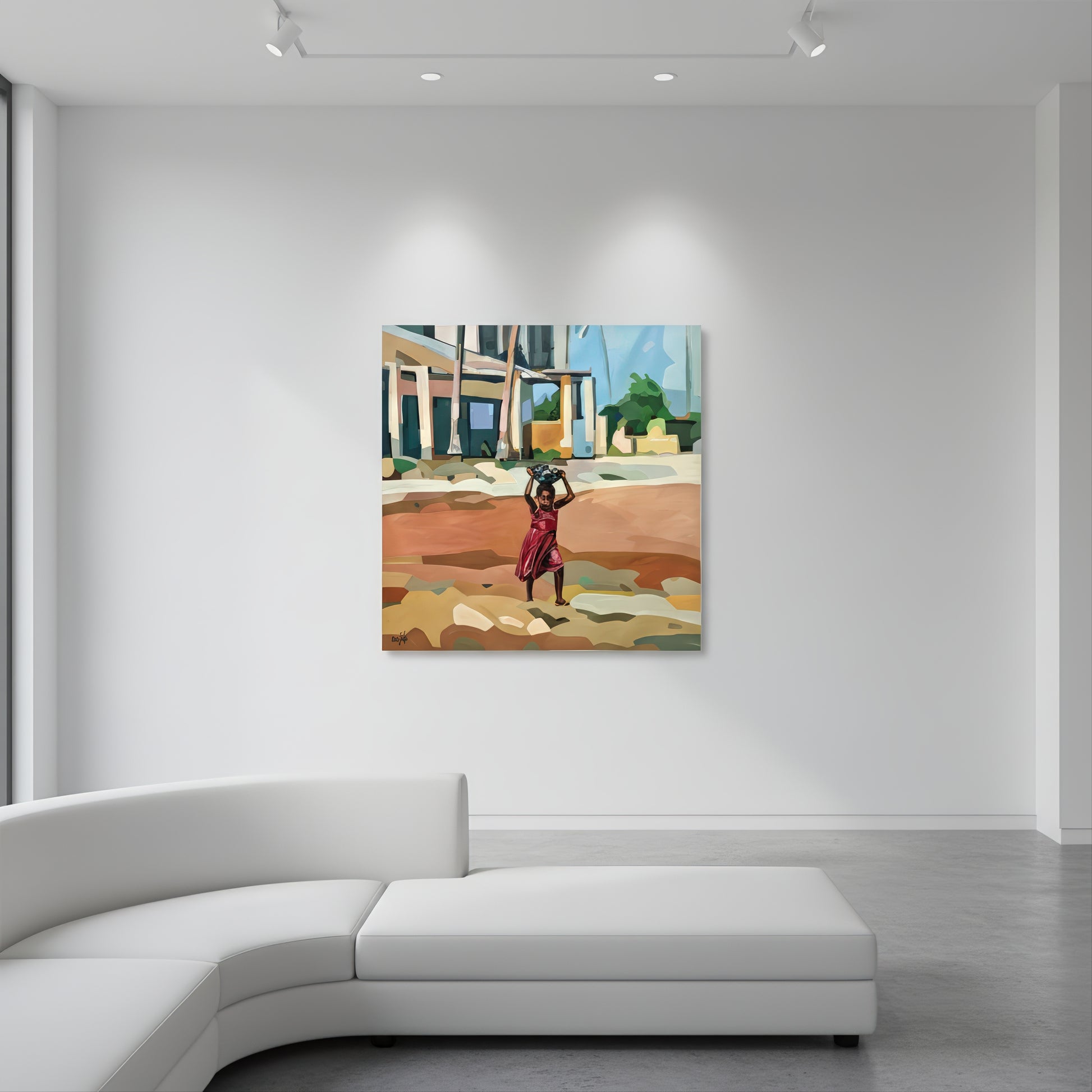Contemporary figurative wall art by Noemi Safir featuring a child in motion with a vessel on her head, painted against a quiet village backdrop of pale houses, warm earth tones, and gentle natural light.