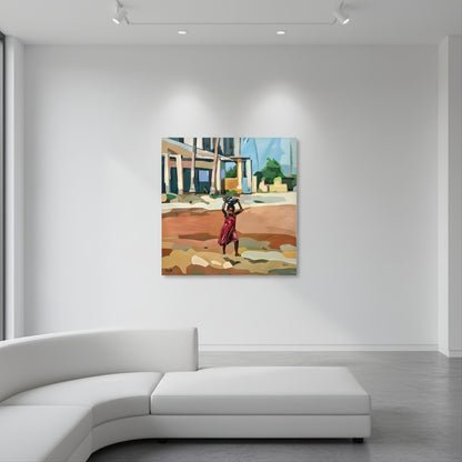 Contemporary figurative wall art by Noemi Safir featuring a child in motion with a vessel on her head, painted against a quiet village backdrop of pale houses, warm earth tones, and gentle natural light.