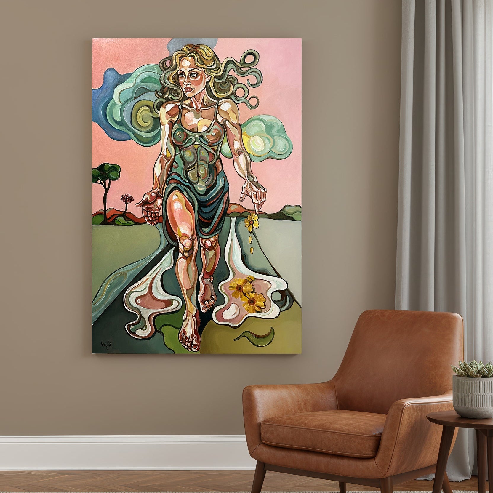 Original painting titled I am ready now by Noemi Safir, a vertical figurative artwork with a woman stepping into transformation