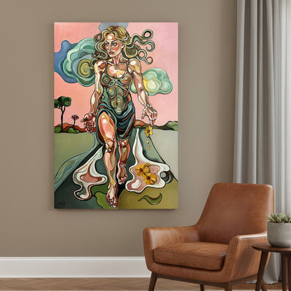 Original painting titled I am ready now by Noemi Safir, a vertical figurative artwork with a woman stepping into transformation