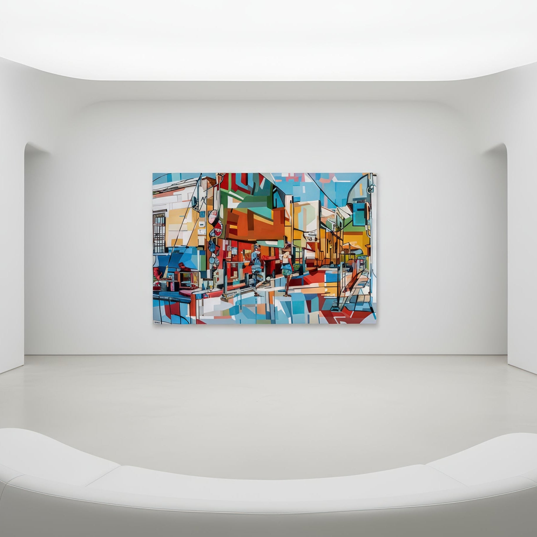 Contemporary urban figurative print by Noemi Safir featuring a lively street with strong black outlines, colorful facades, and two people in motion, creating a cheerful composition full of rhythm, light, and movement.