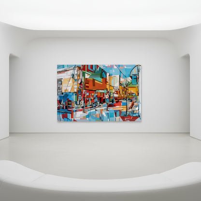 Contemporary urban figurative print by Noemi Safir featuring a lively street with strong black outlines, colorful facades, and two people in motion, creating a cheerful composition full of rhythm, light, and movement.