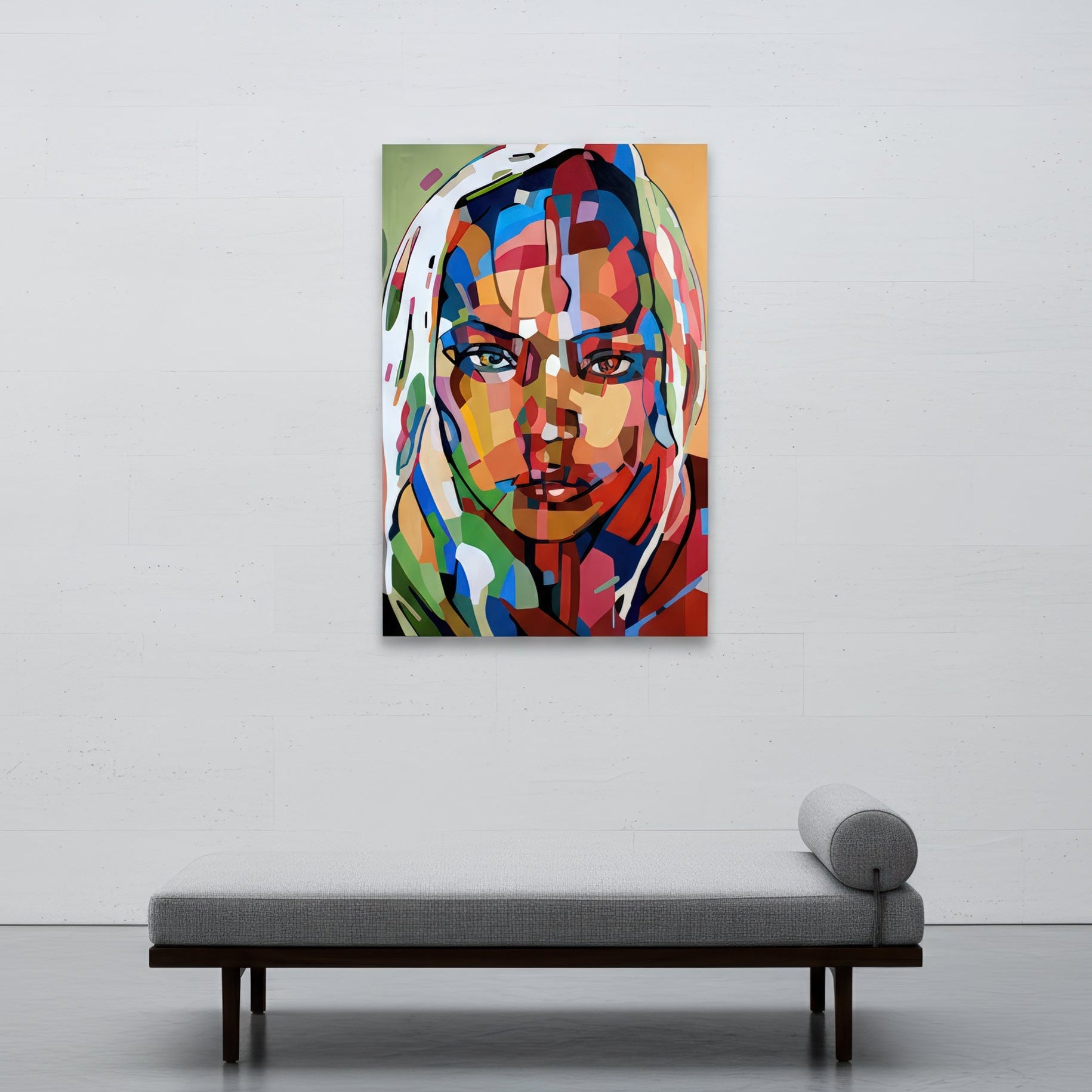 Museum quality fine art print by Noemi Safir based on an original painting, showing a close female portrait in layered shades of crimson, sky blue, mint green, peach, white, and deep navy.