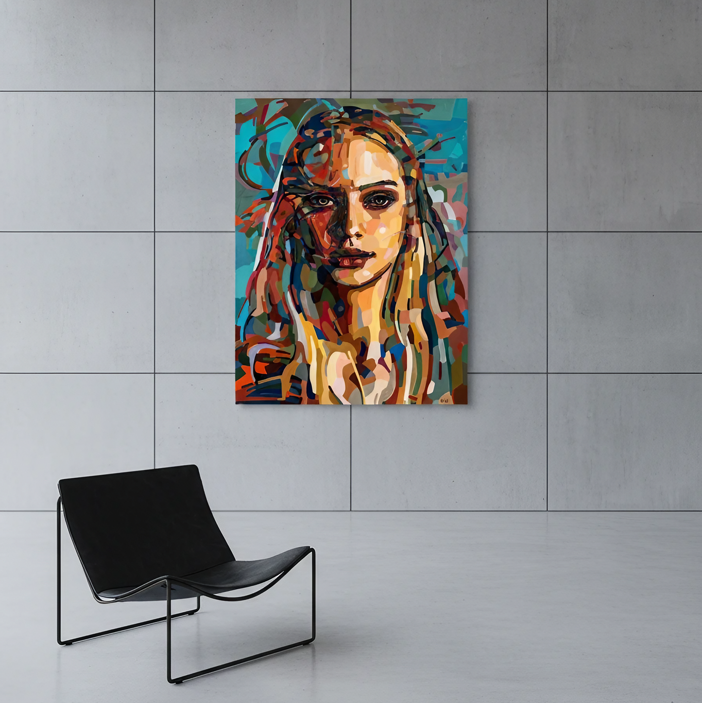 Contrast is a limited edition art print by Noemi Safir depicting a woman’s face in bold fragmented color fields, combining warm golden tones with cool blue and green accents in a striking contemporary composition.