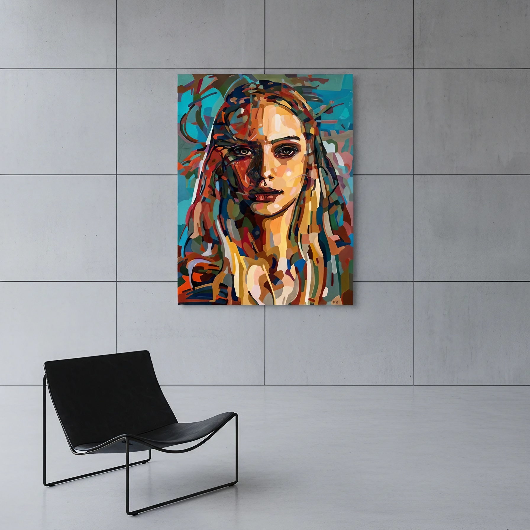 Contrast is a limited edition art print by Noemi Safir depicting a woman’s face in bold fragmented color fields, combining warm golden tones with cool blue and green accents in a striking contemporary composition.