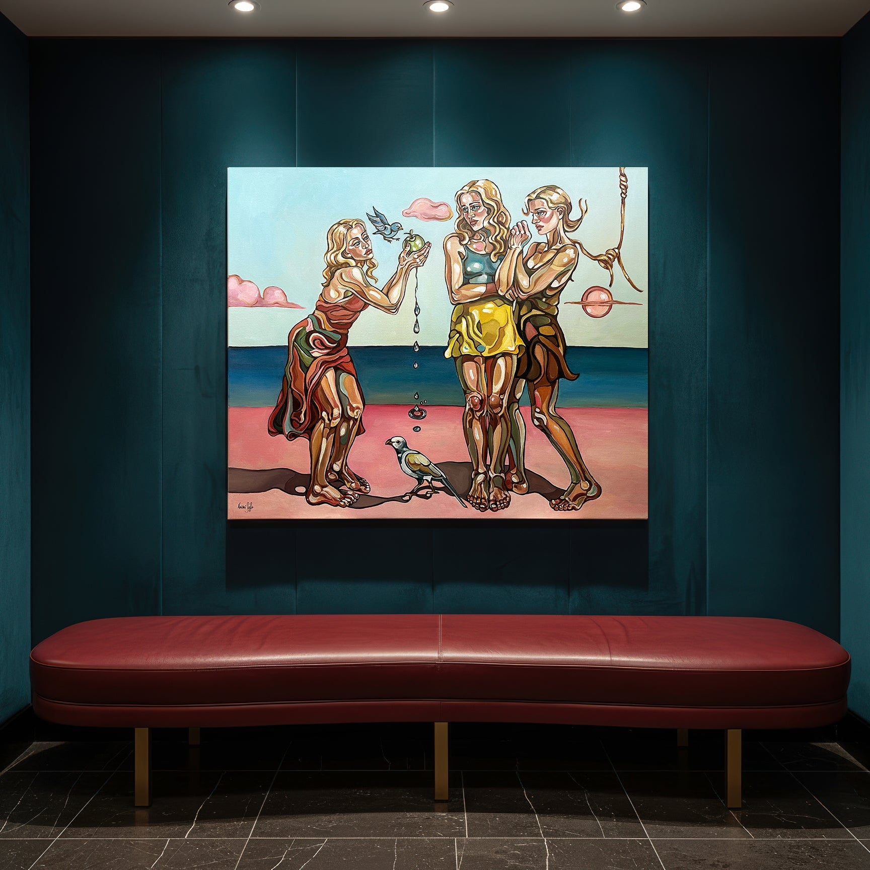One of a kind female figurative painting by Noemi Safir with three women, birds, blue sea, pink clouds, and a symbolic horizon scene