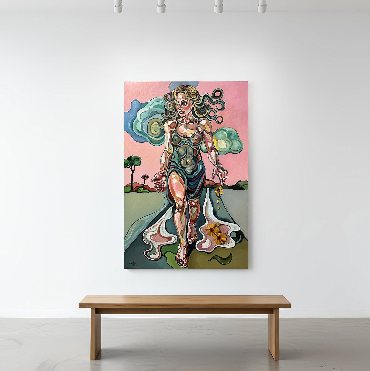 Fine art original by Noemi Safir with a female figure, soft pink sky, flowing white trail, and expressive contemporary linework