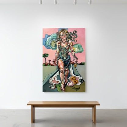 Fine art original by Noemi Safir with a female figure, soft pink sky, flowing white trail, and expressive contemporary linework