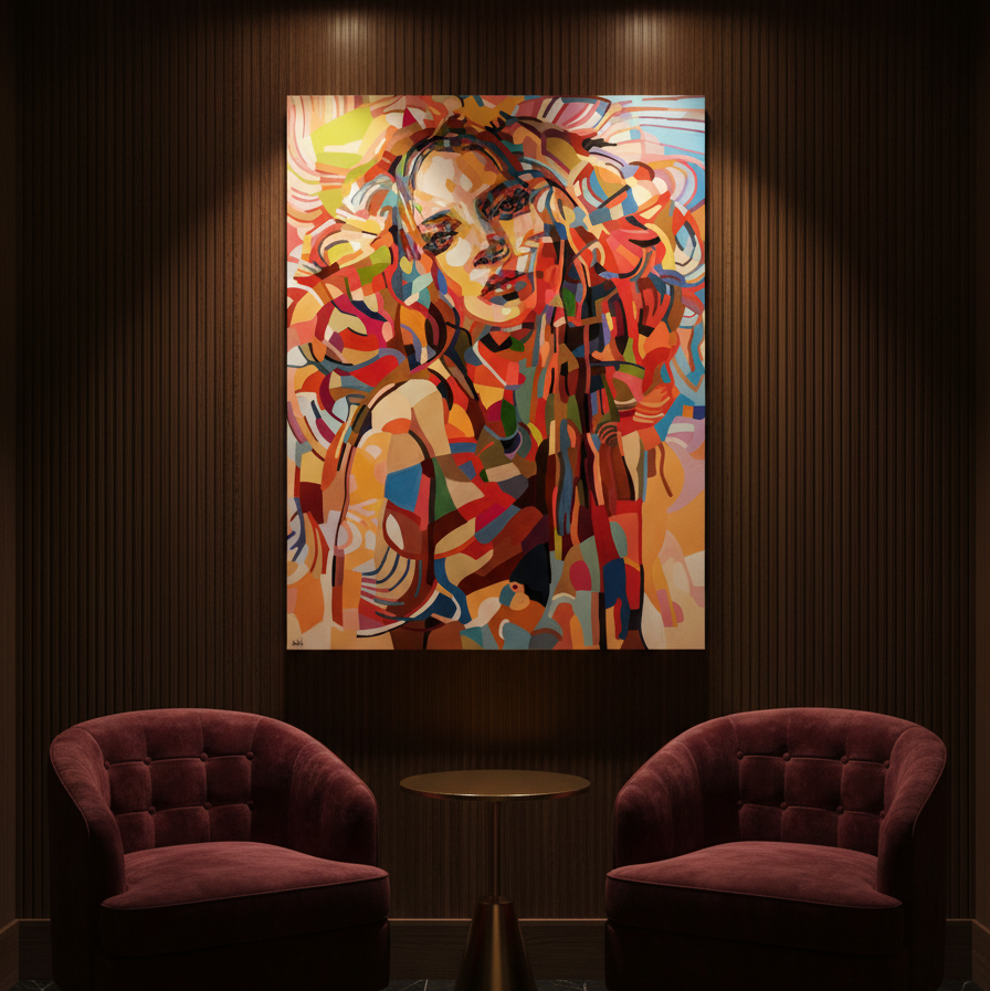 Museum quality fine art print by Noemi Safir based on an original painting, showing a colorful female portrait with flowing abstract forms and a vivid palette of coral, sky blue, red, green, and peach.