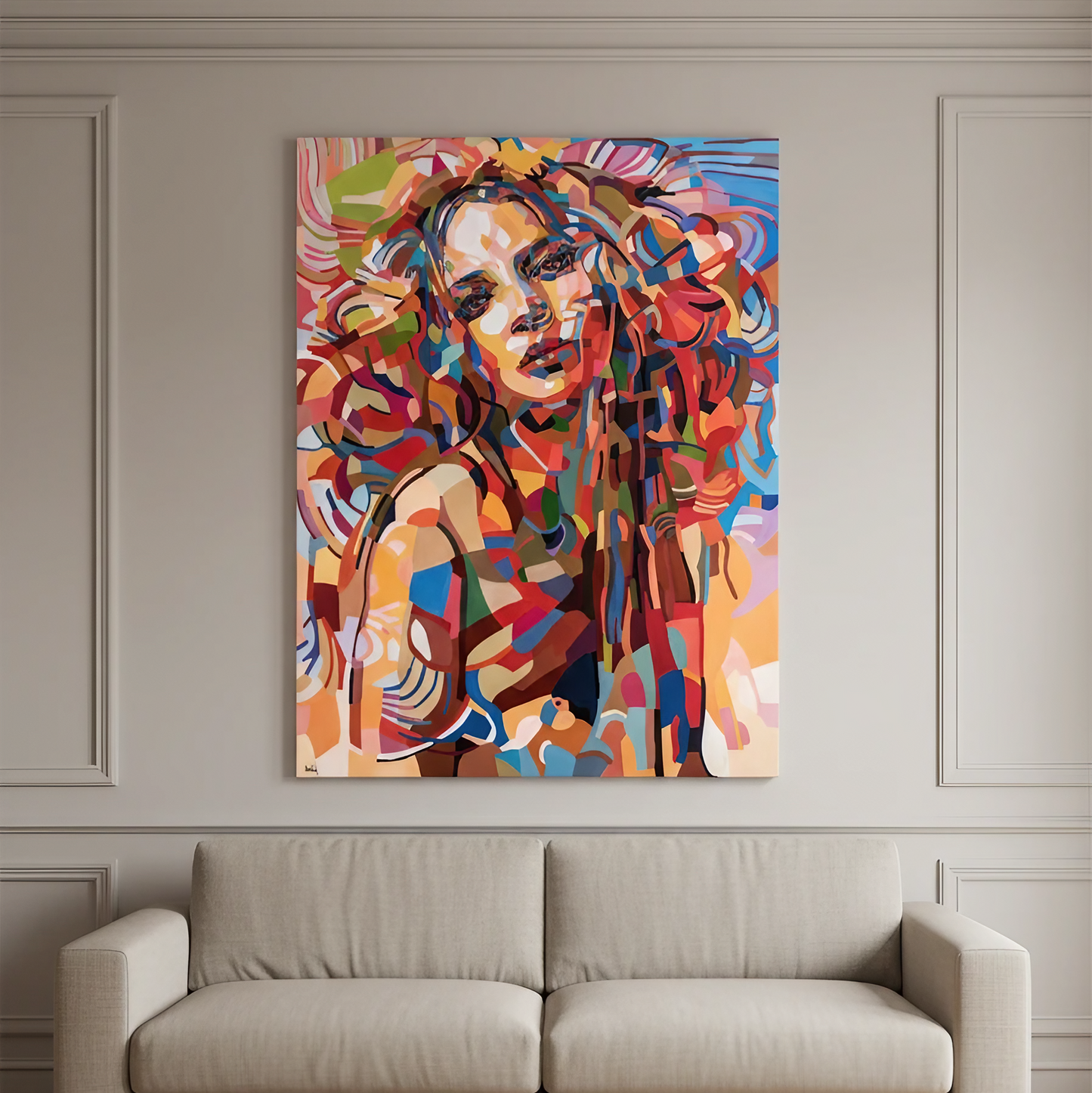 And so it is is a limited edition art print by Noemi Safir depicting a close female figure surrounded by sweeping curved forms and vibrant blocks of red, peach, blue, rose, and aqua.