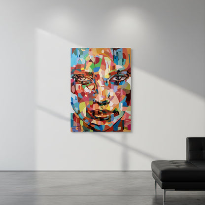 Museum quality fine art print by Noemi Safir based on an original painting, showing a close portrait of a woman with layered multicolored planes, strong black contour accents, and a vivid modern presence.