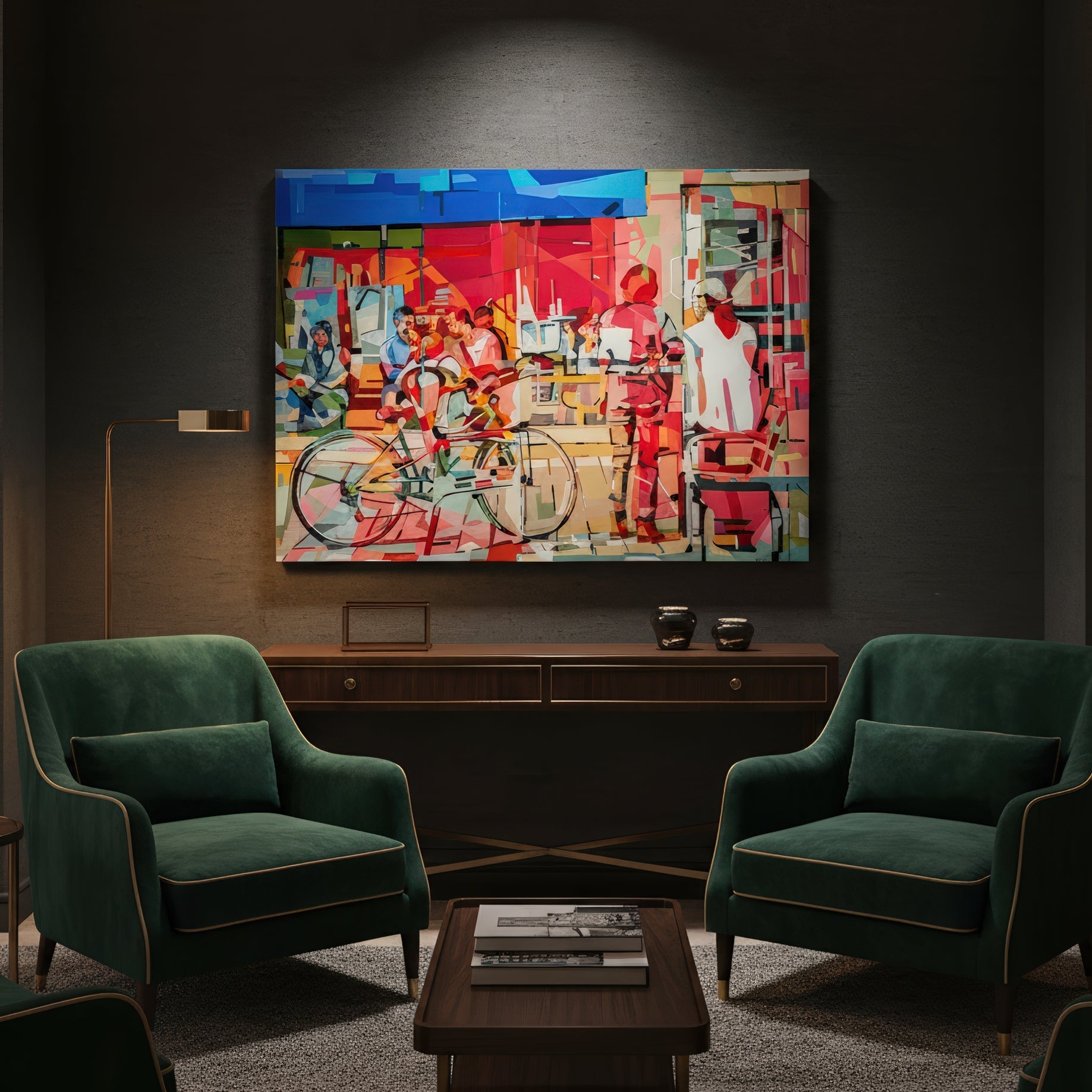 Collectible contemporary cityscape print by Noemi Safir featuring bicycles parked outside a café, several people seated and standing nearby, and a warm urban atmosphere built from layered pastel and bright color planes.