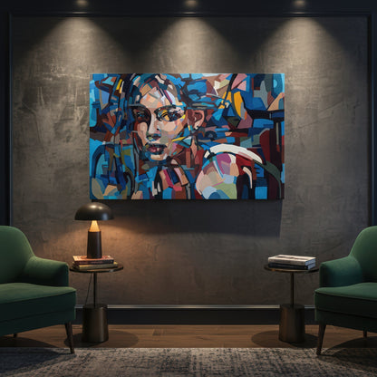 It’s the way you say my name is a limited edition art print by Noemi Safir depicting a female portrait with a direct gaze, built from expressive painterly blocks of cobalt, turquoise, blush pink, plum, cream, and muted green.