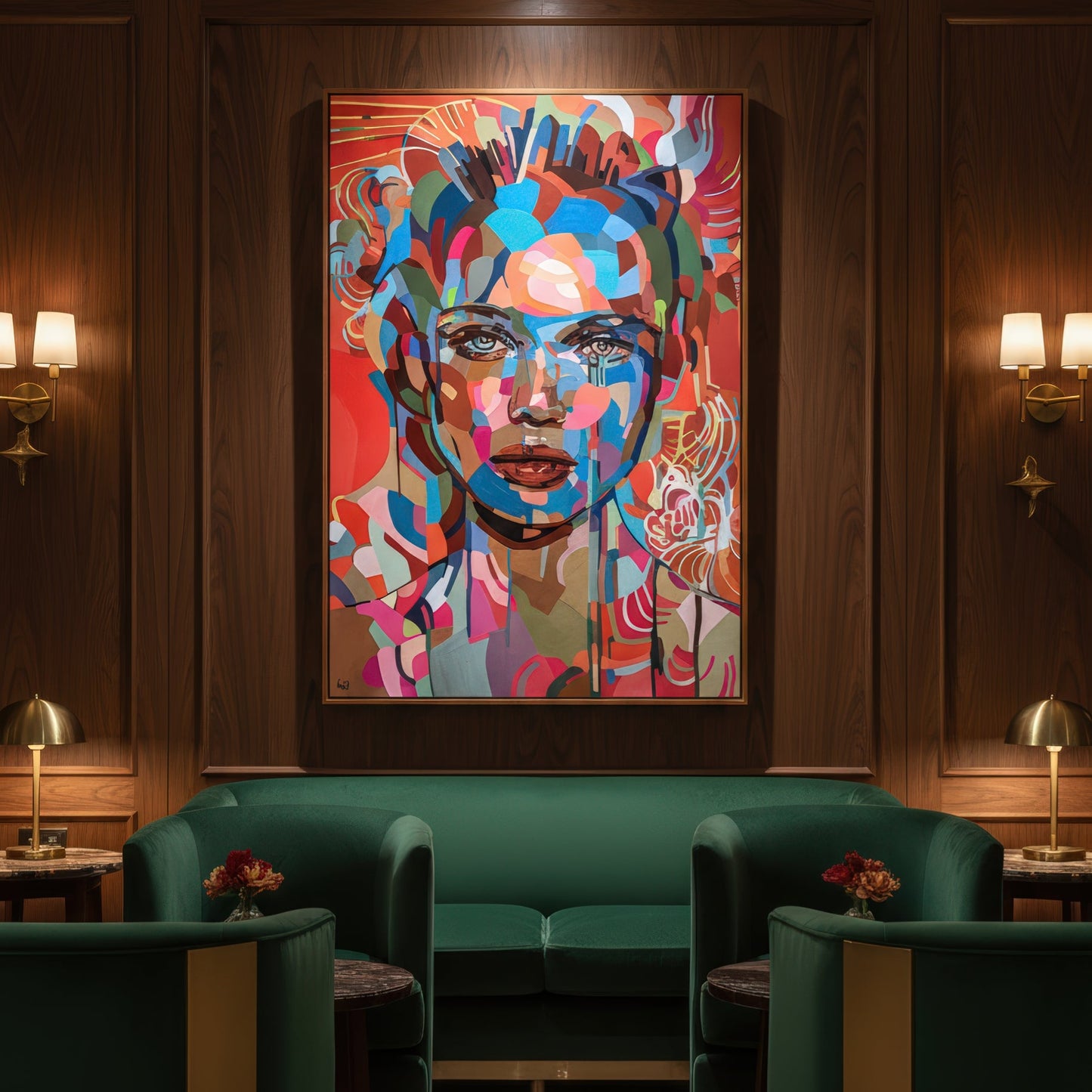 Museum quality fine art print by Noemi Safir based on an original painting, showing a female portrait in layered shades of turquoise, sky blue, coral, rose pink, peach, olive green, and warm neutral tones.