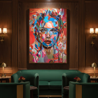 Museum quality fine art print by Noemi Safir based on an original painting, showing a female portrait in layered shades of turquoise, sky blue, coral, rose pink, peach, olive green, and warm neutral tones.