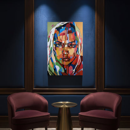 Collectible figurative art print by Noemi Safir featuring a close portrait of a woman with light hair, strong dark outlines, and richly fragmented color planes in red, blue, green, cream, and warm orange tones.