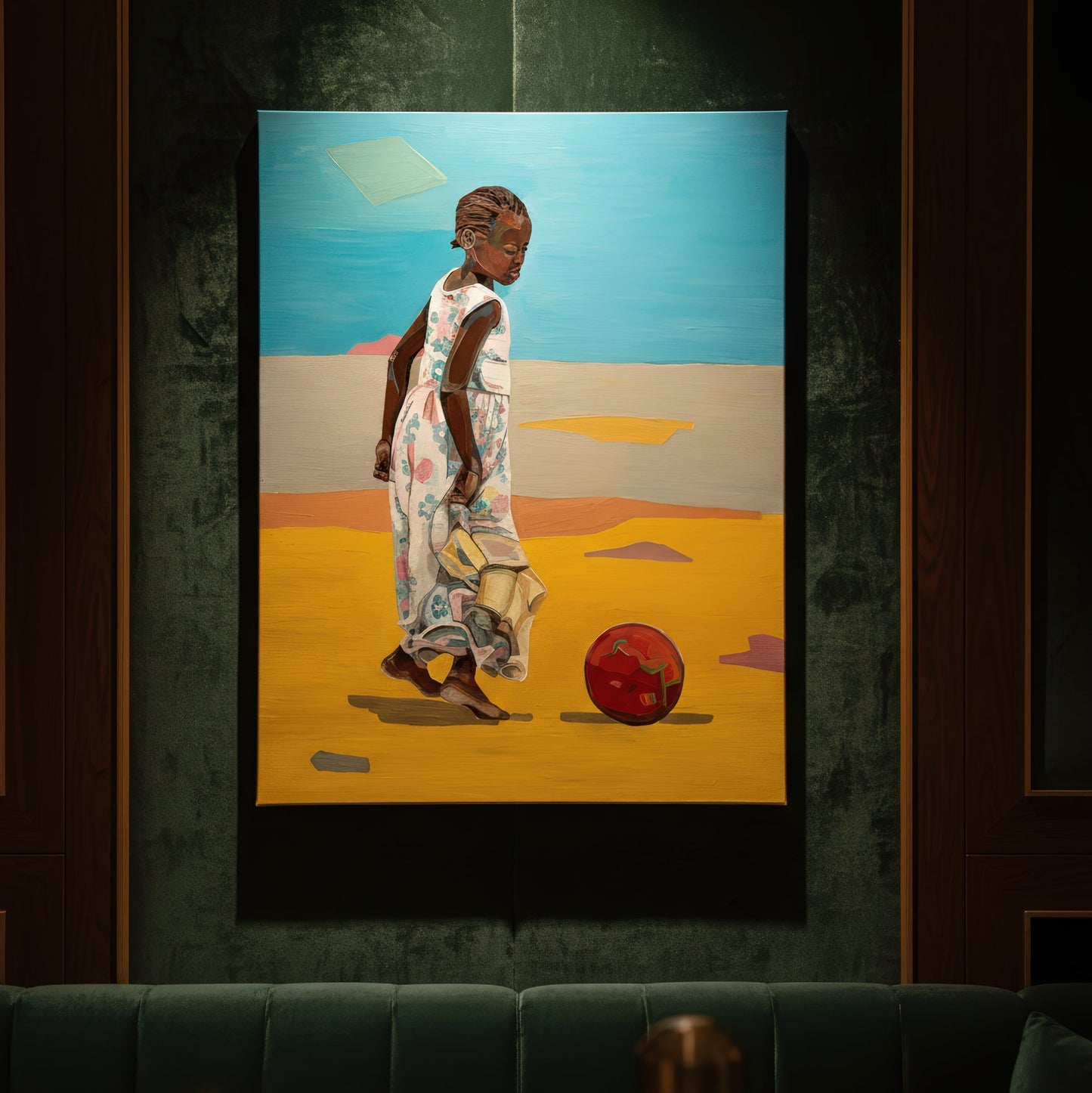 How fun it is to play outside by Noemi Safir is a limited edition fine art print featuring a young girl in a floral dress standing barefoot beside a red ball on a bright yellow ground beneath a vivid blue sky.