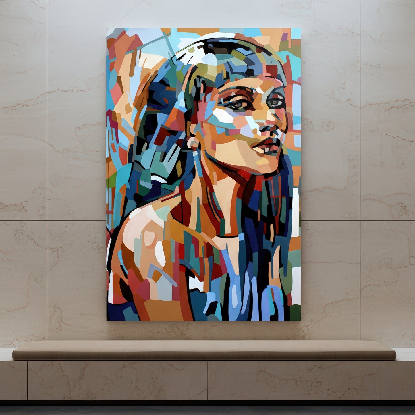 Contemporary female portrait print by Noemi Safir featuring a woman with long hair and a softly lifted gaze, painted in bold sections of aqua, coral, salmon, warm brown, ivory, and deep blue.