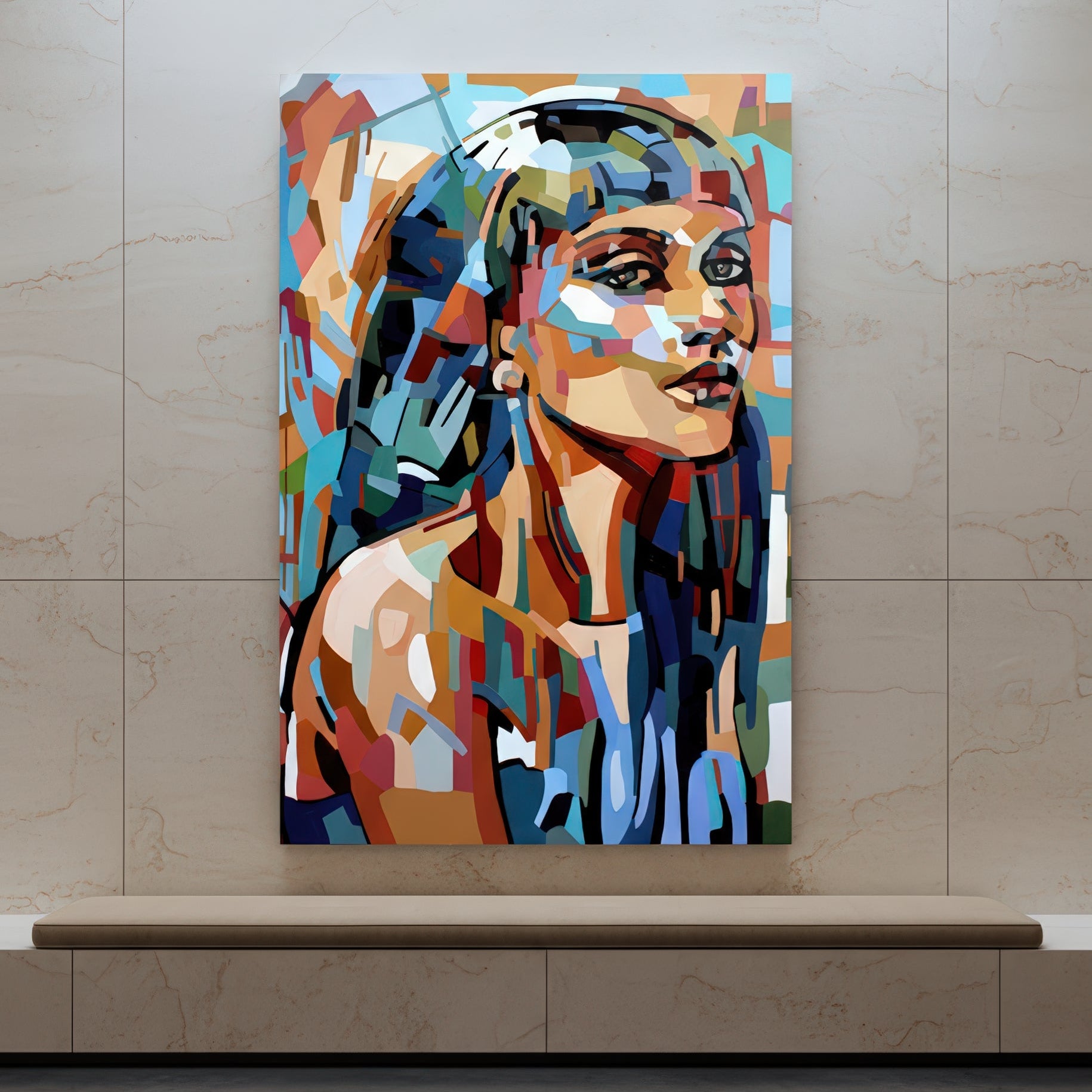 Contemporary female portrait print by Noemi Safir featuring a woman with long hair and a softly lifted gaze, painted in bold sections of aqua, coral, salmon, warm brown, ivory, and deep blue.