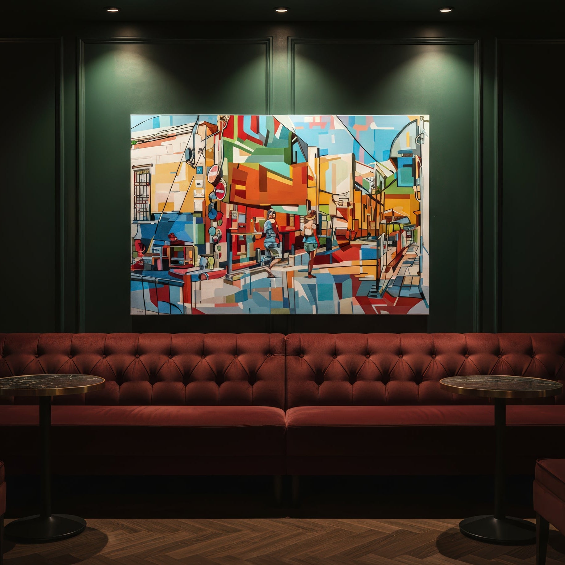Fine art wall print by Noemi Safir featuring a vibrant street scene with pedestrians, bright storefronts, road signs, and outdoor seating, painted in a contemporary geometric style with bold color contrasts.