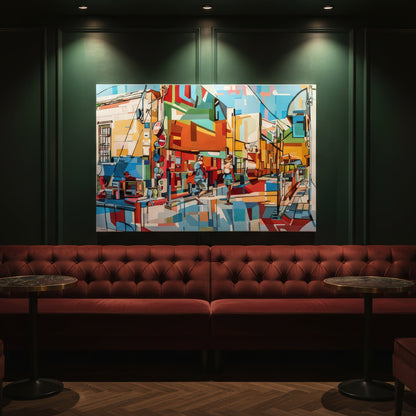 Fine art wall print by Noemi Safir featuring a vibrant street scene with pedestrians, bright storefronts, road signs, and outdoor seating, painted in a contemporary geometric style with bold color contrasts.