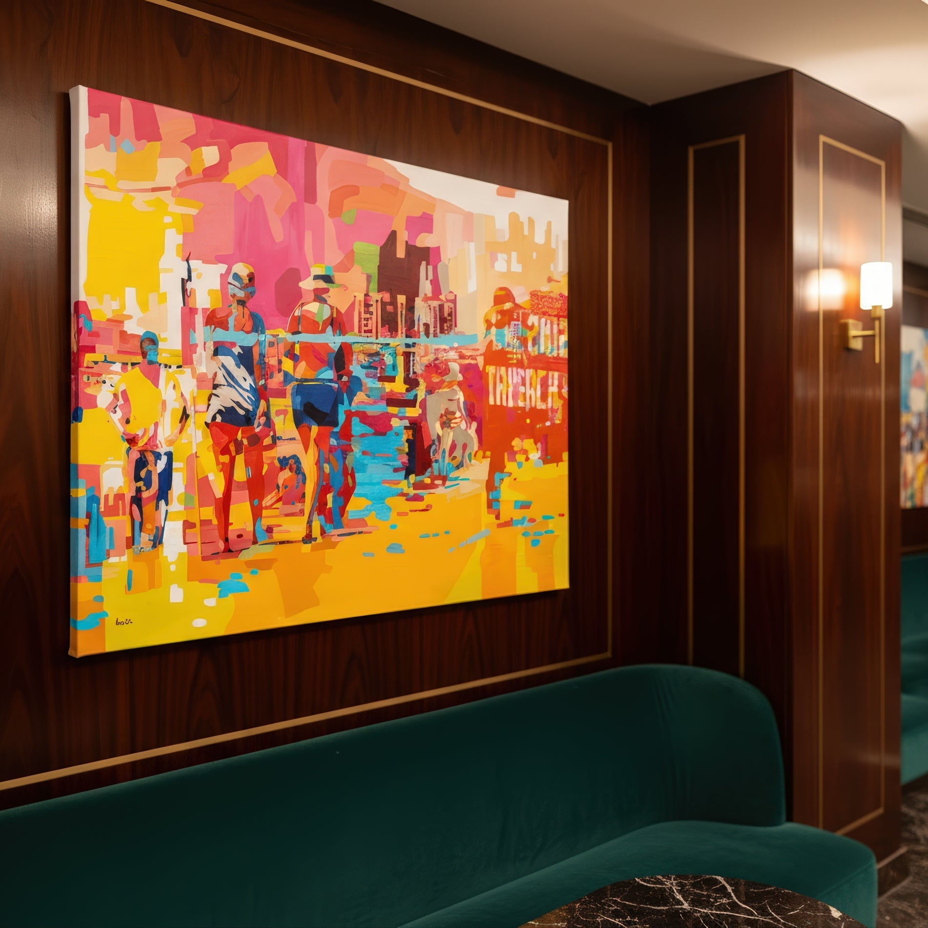 Tel Aviv beach by Noemi Safir is a limited edition fine art print featuring a bright beach scene with figures walking near the shoreline, painted in vivid tones of pink, yellow, turquoise, orange, white, and coral.