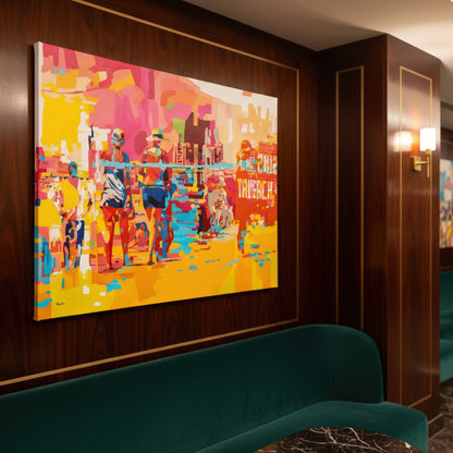 Tel Aviv beach by Noemi Safir is a limited edition fine art print featuring a bright beach scene with figures walking near the shoreline, painted in vivid tones of pink, yellow, turquoise, orange, white, and coral.