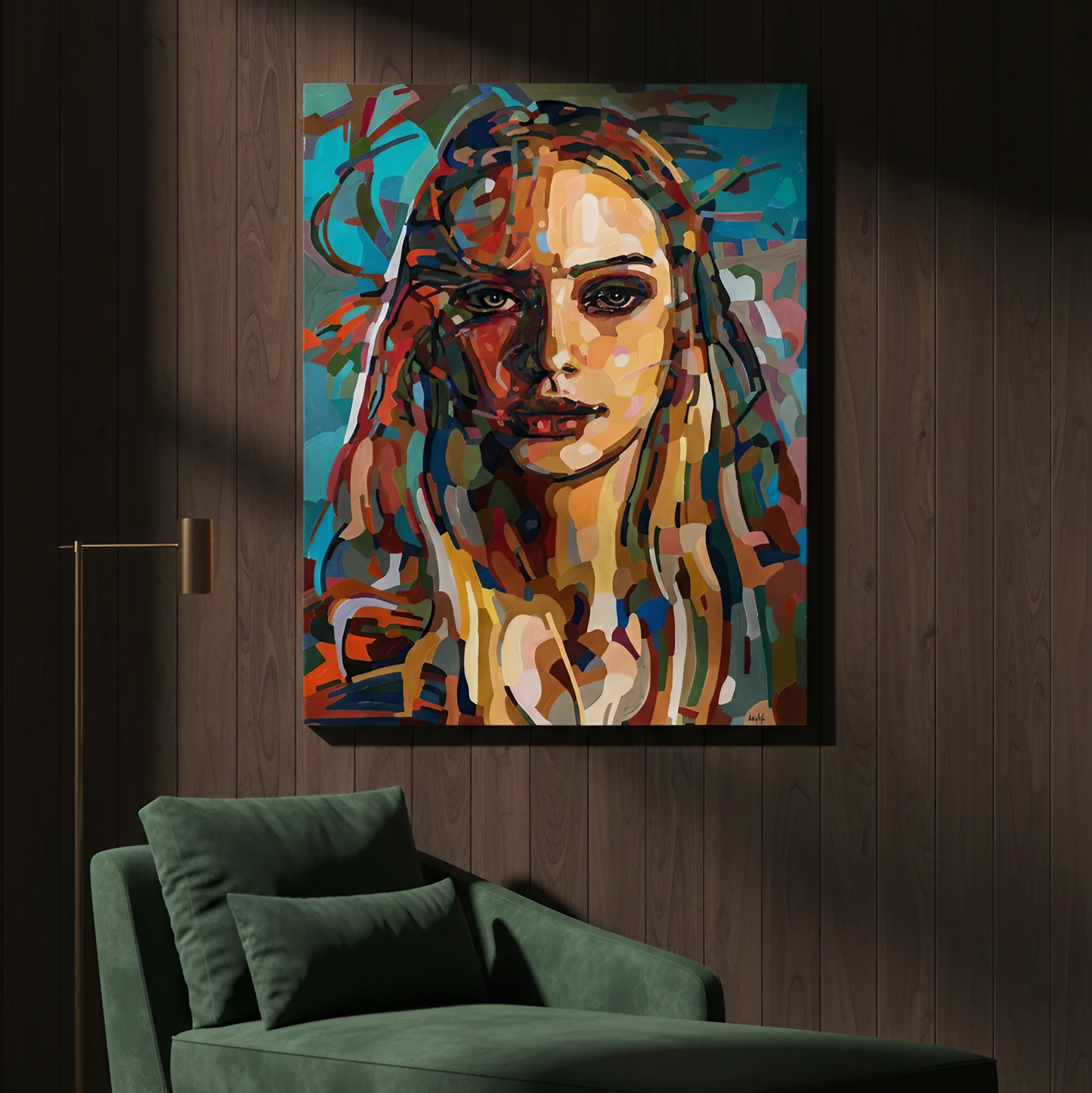 Collectible figurative art print by Noemi Safir featuring a close up portrait of a woman rendered in expressive geometric strokes, with rich contrasts between light and shadow, warm peach tones, and vivid turquoise surroundings.