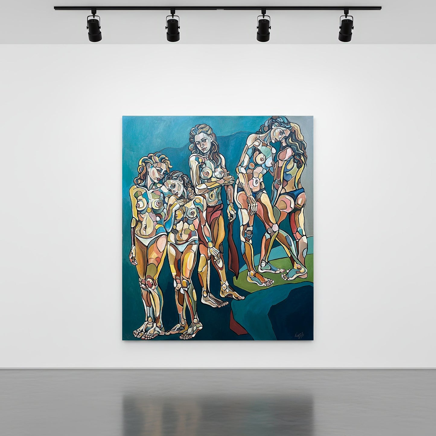 Fine art original by Noemi Safir with a female group portrait, expressive contour work, and soft flesh tones against deep blue