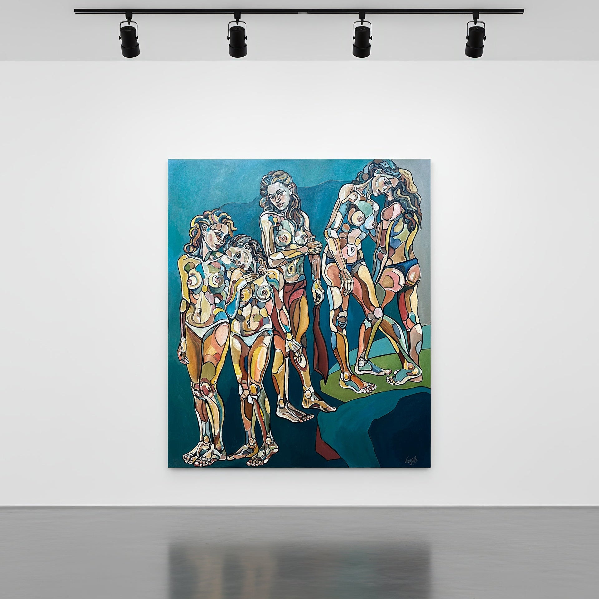 Fine art original by Noemi Safir with a female group portrait, expressive contour work, and soft flesh tones against deep blue