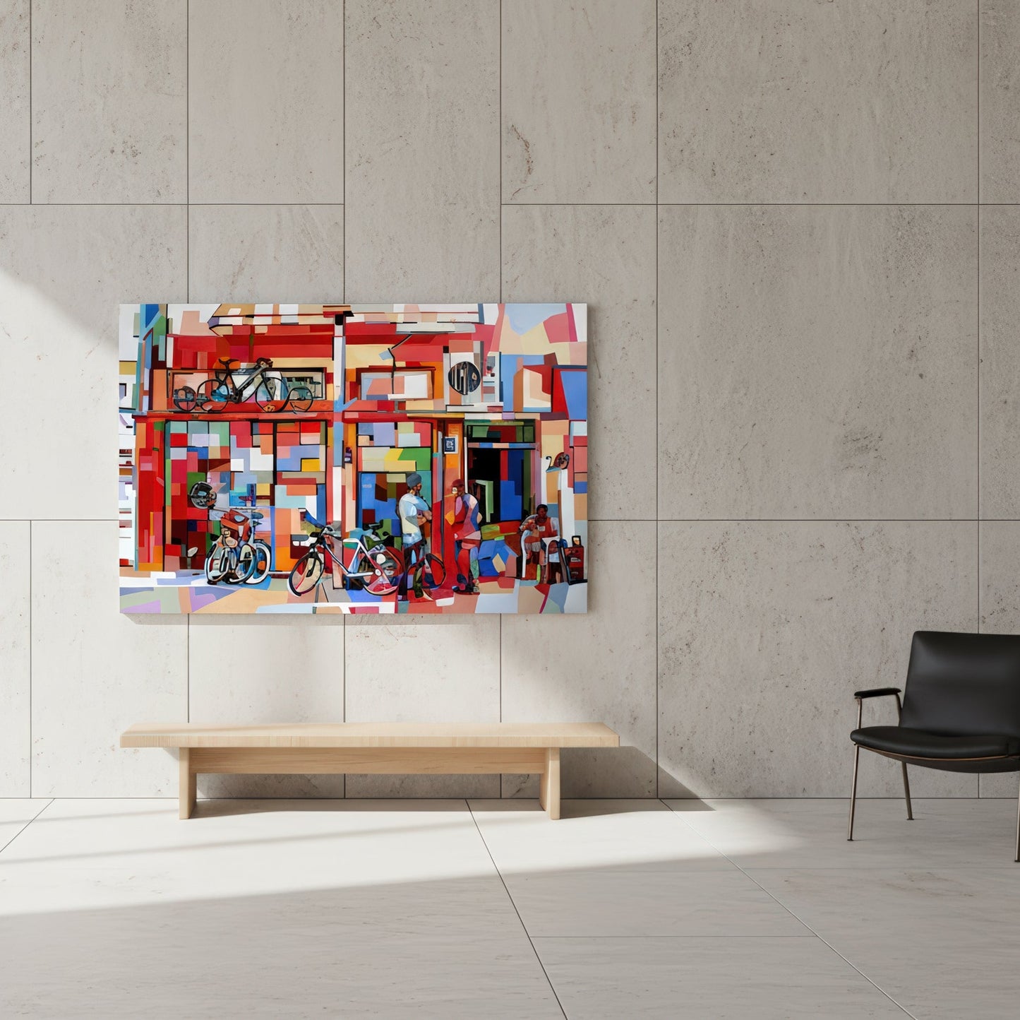 Fine art wall print by Noemi Safir featuring a modern Tel Aviv streetscape with colorful architecture, bicycles, standing figures, and layered geometric forms in a fresh expressive palette of red, aqua, pink, green, and white.